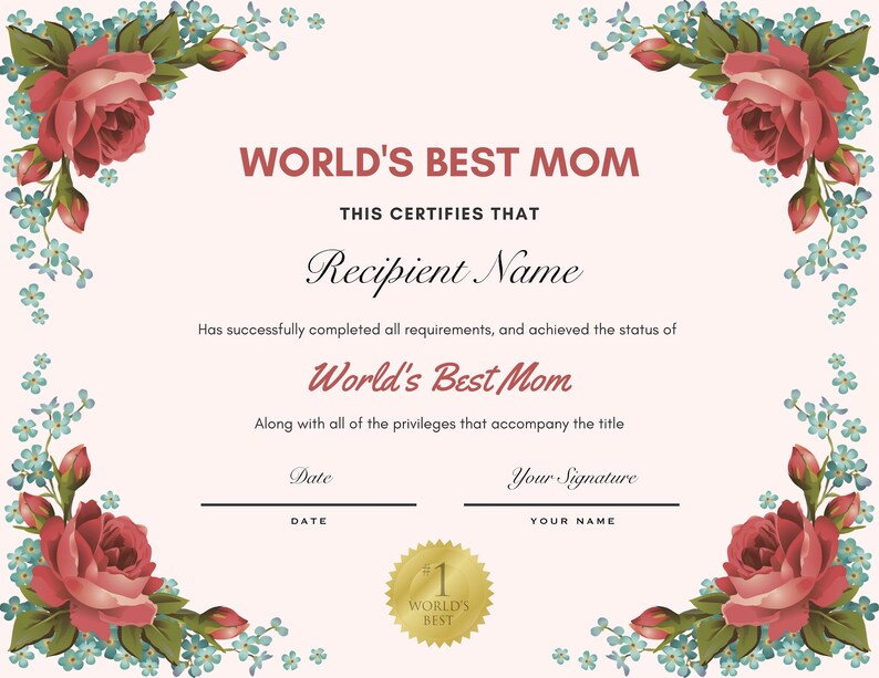 Editable Best Mom Certificate template